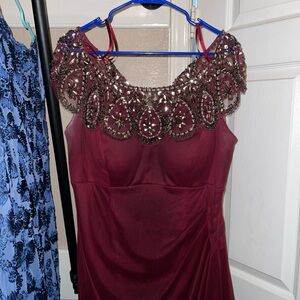 Xscape Burgundy Dress with Beaded Details
